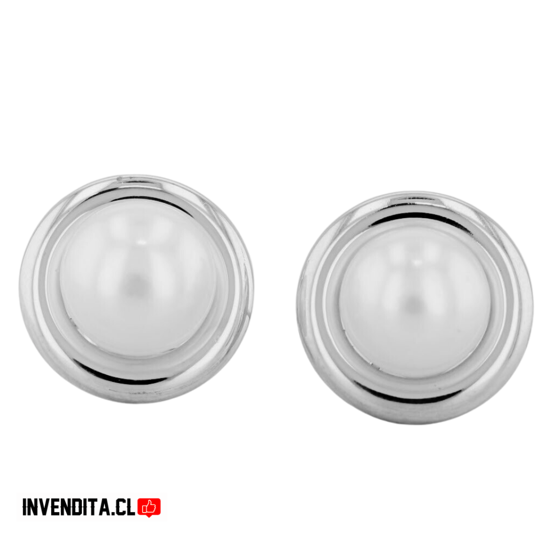 Aros de plata 925 estilo botón con gran perla central