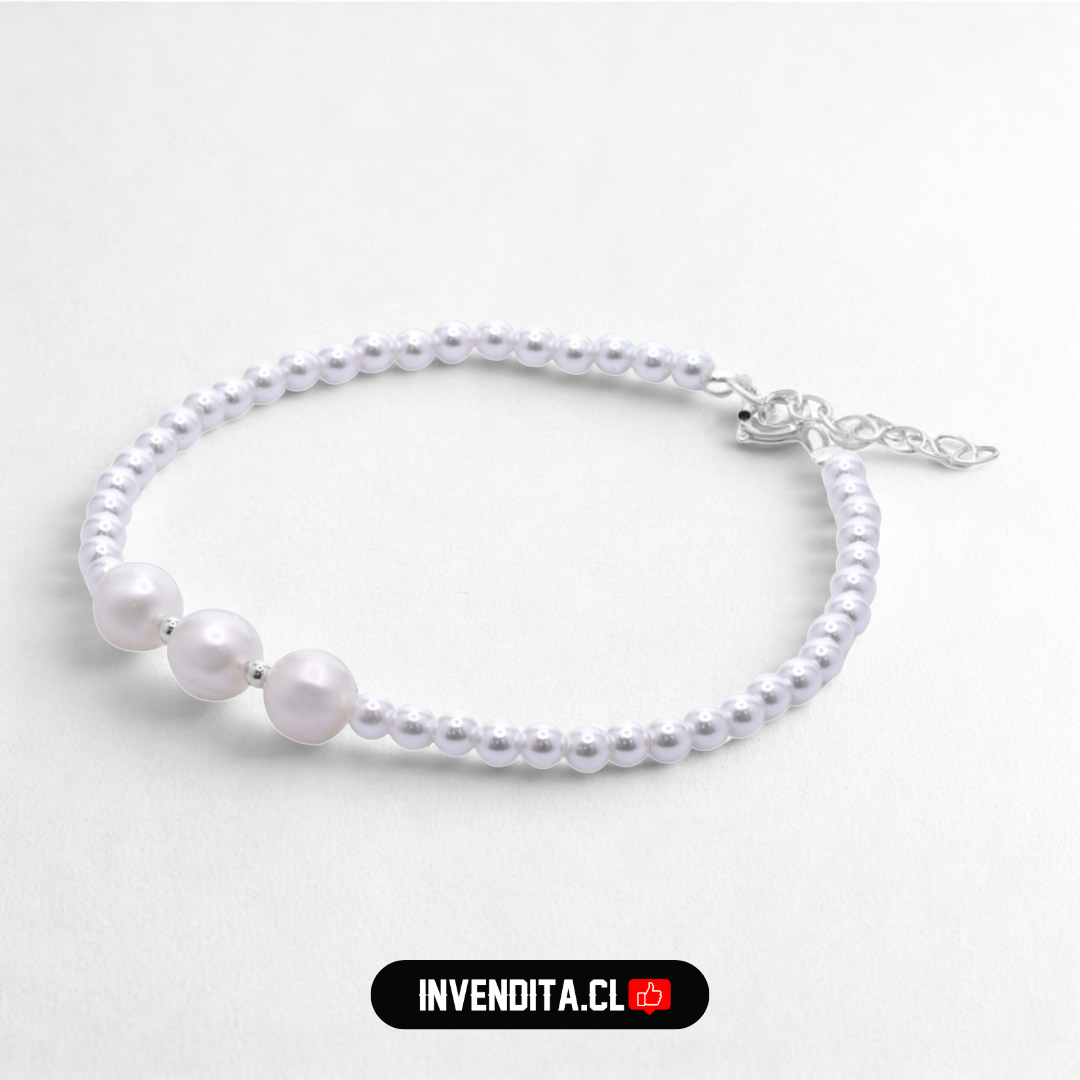 Pulsera de plata 925 serie trío de perlas de rio con pequeñas perlas de imitación