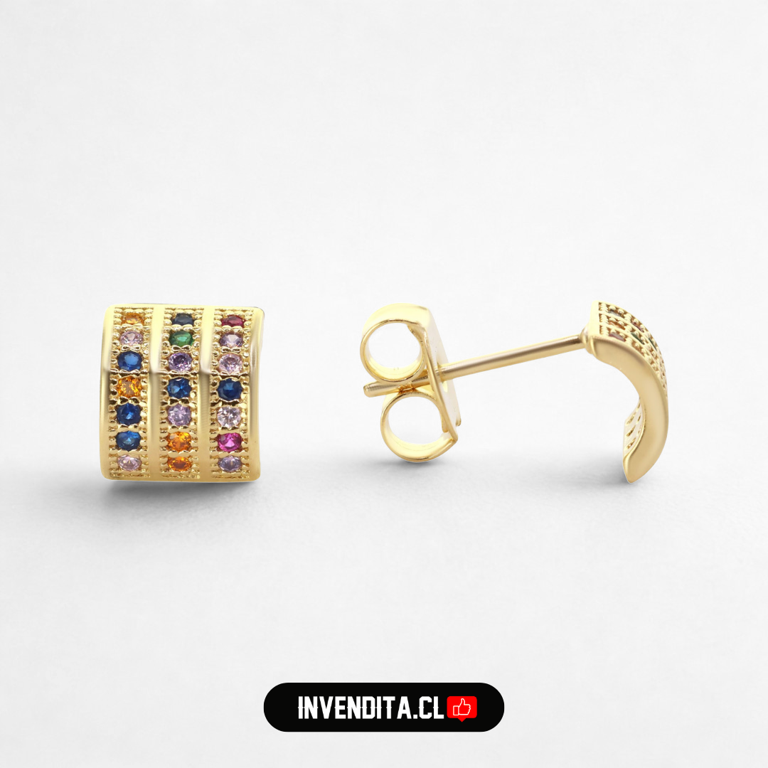 Aros enchapados en oro estilo placa con circones de colores