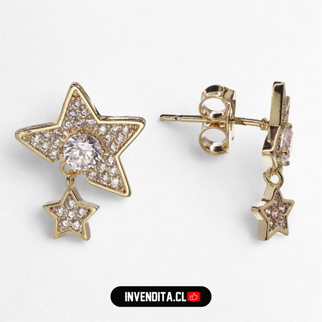 Aros enchapados en oro diseño doble estrella con circones