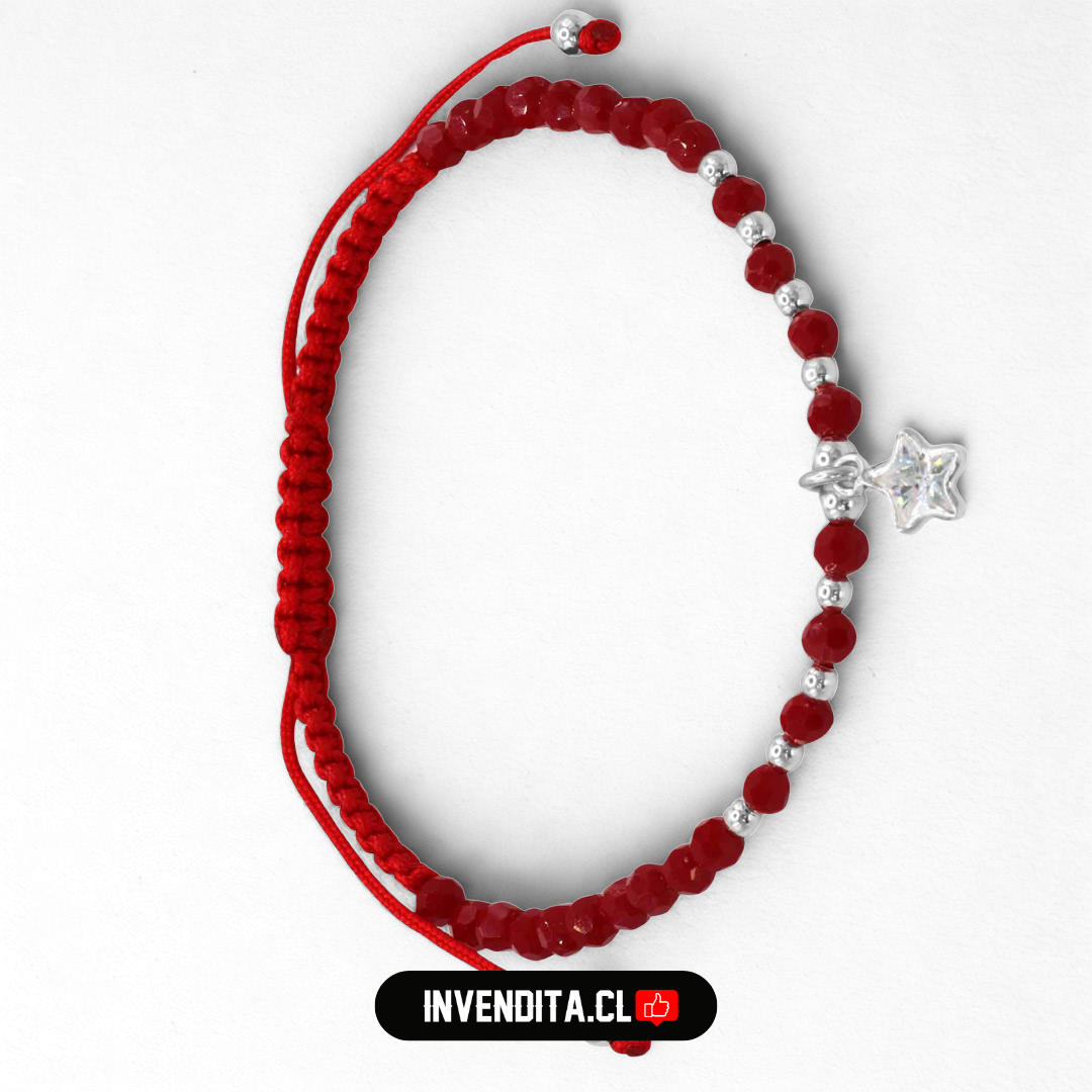 Pulsera macramé roja de plata 925 circón figura estrellada y cristales
