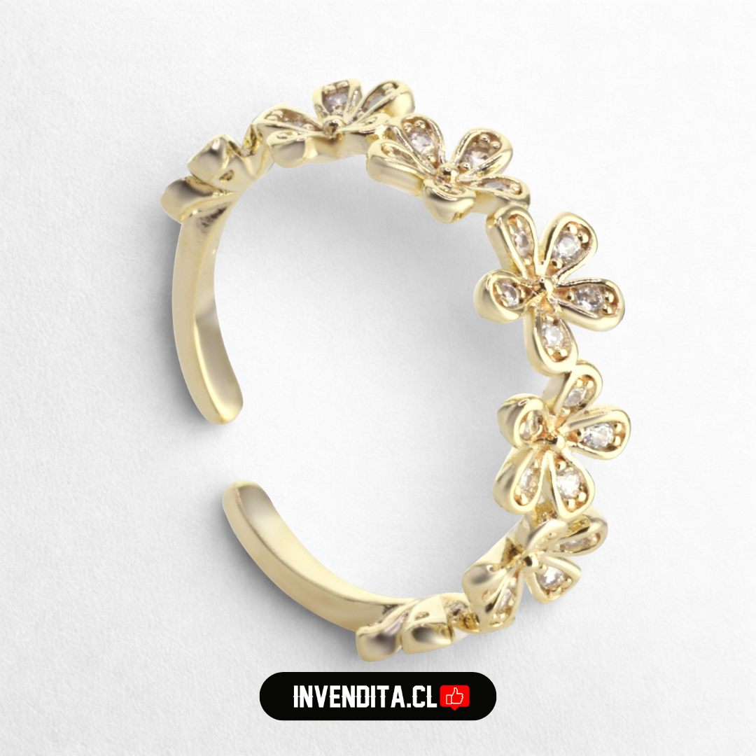 Anillo enchapado en oro banda de flores con circón estilo semi abierto