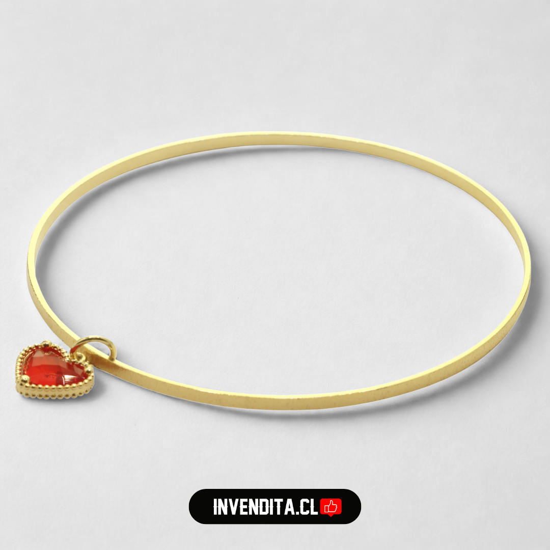 Pulsera enchapada en oro modelo esclava y dije corazón rojo