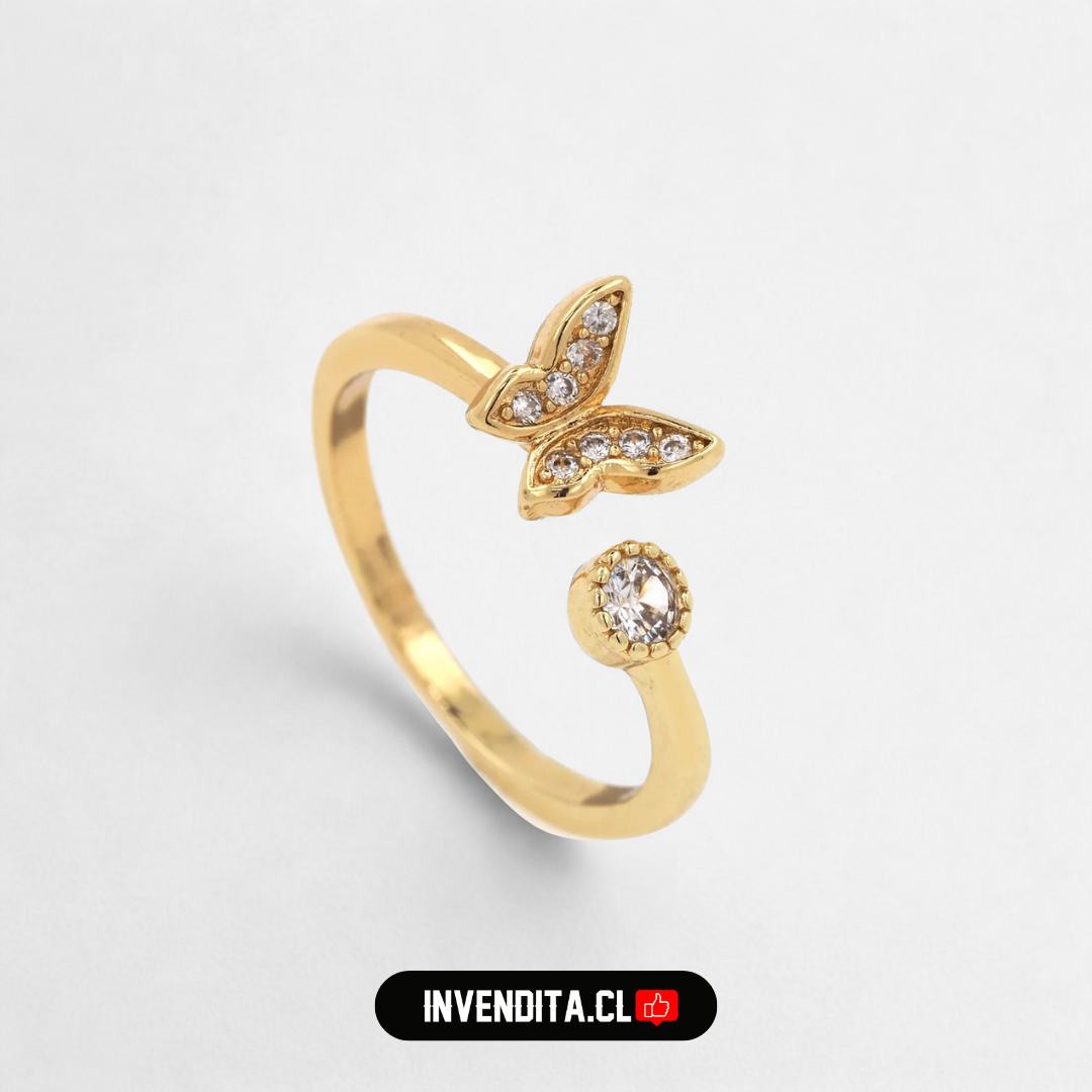 Anillo enchapado en oro diseño mariposa y circón