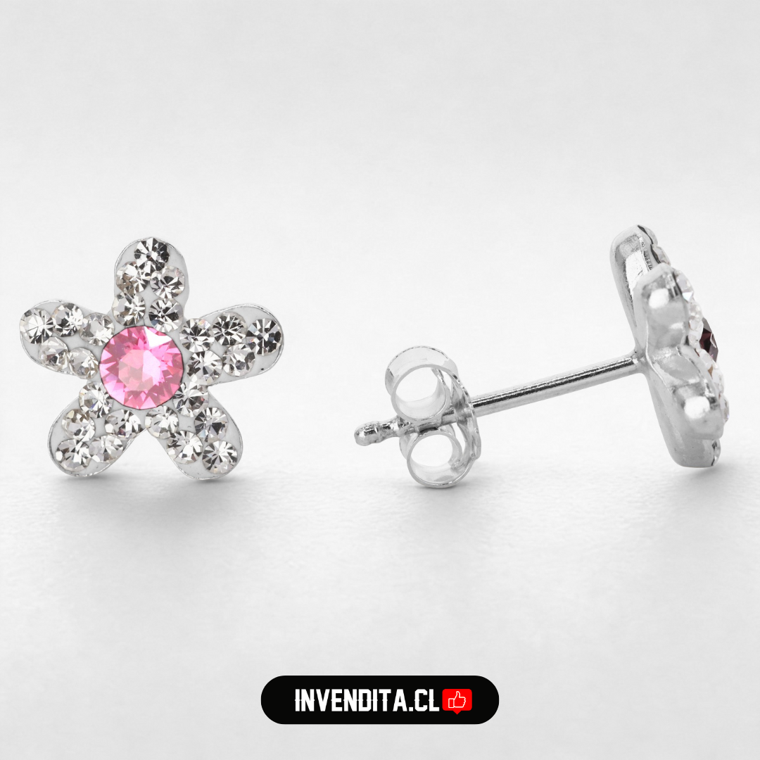Aros de plata 925 diseño flor de strass con circón rosa