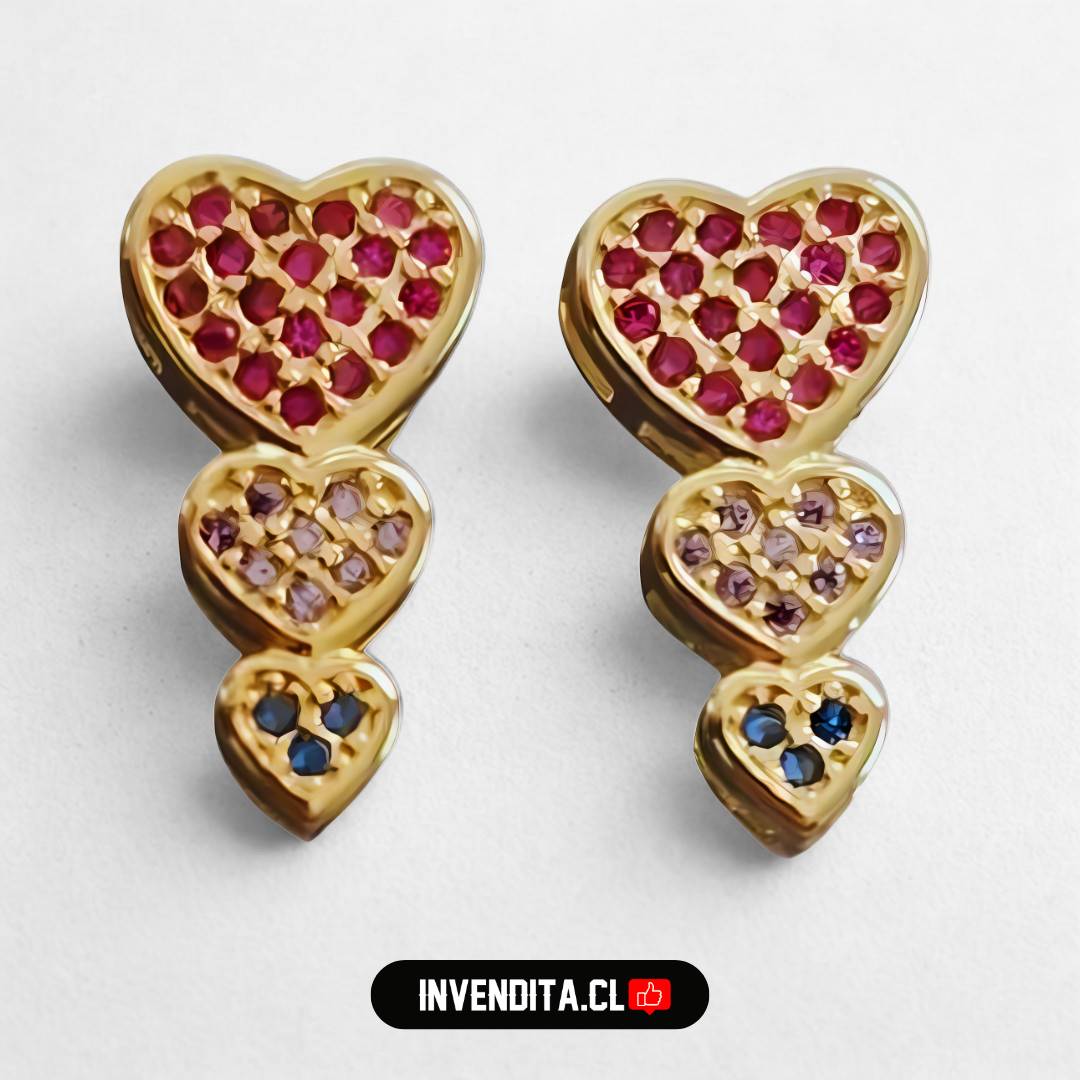 Aros enchapados en oro diseño corazones de colores