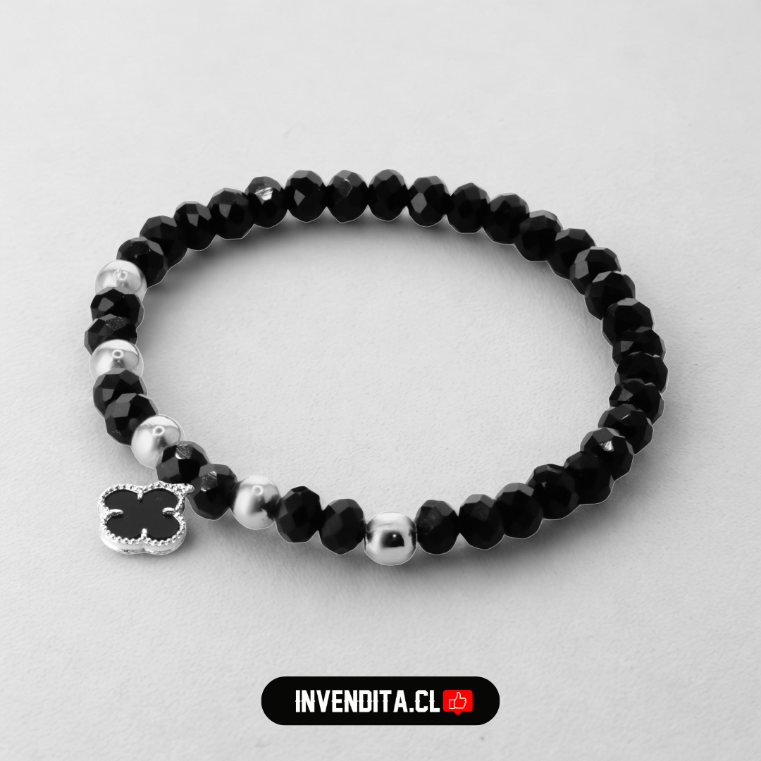 Pulsera enchapada en plata cristales negros con dije de flor