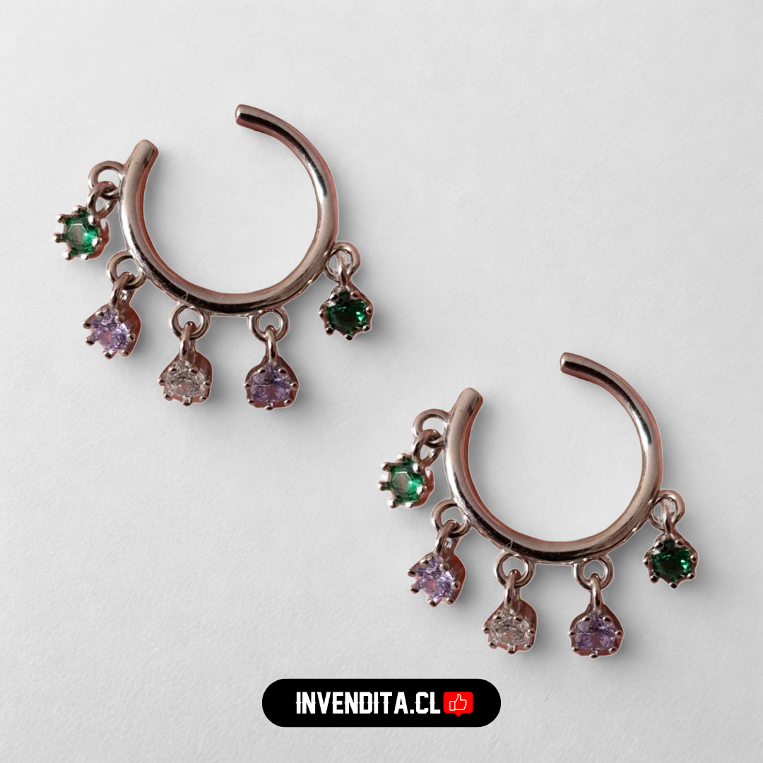 Aros de Plata 925 argolla con circones de colores colgantes