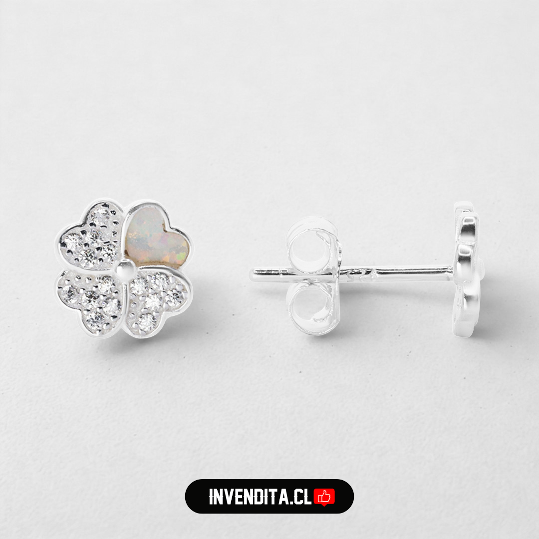 Aros de plata 925 diseño trébol con circones y ópalo australiano