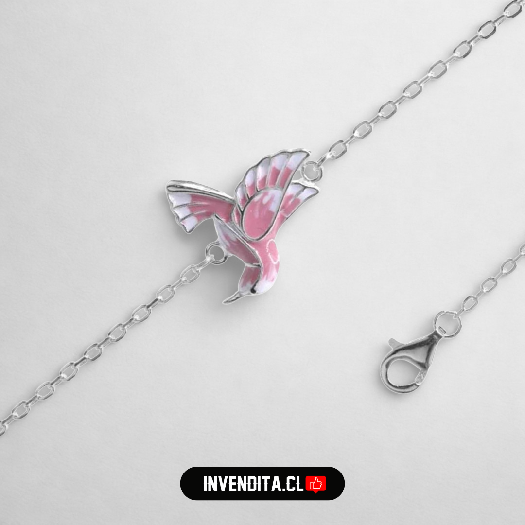 Pulsera de plata 925 colibrí esmaltado rosa