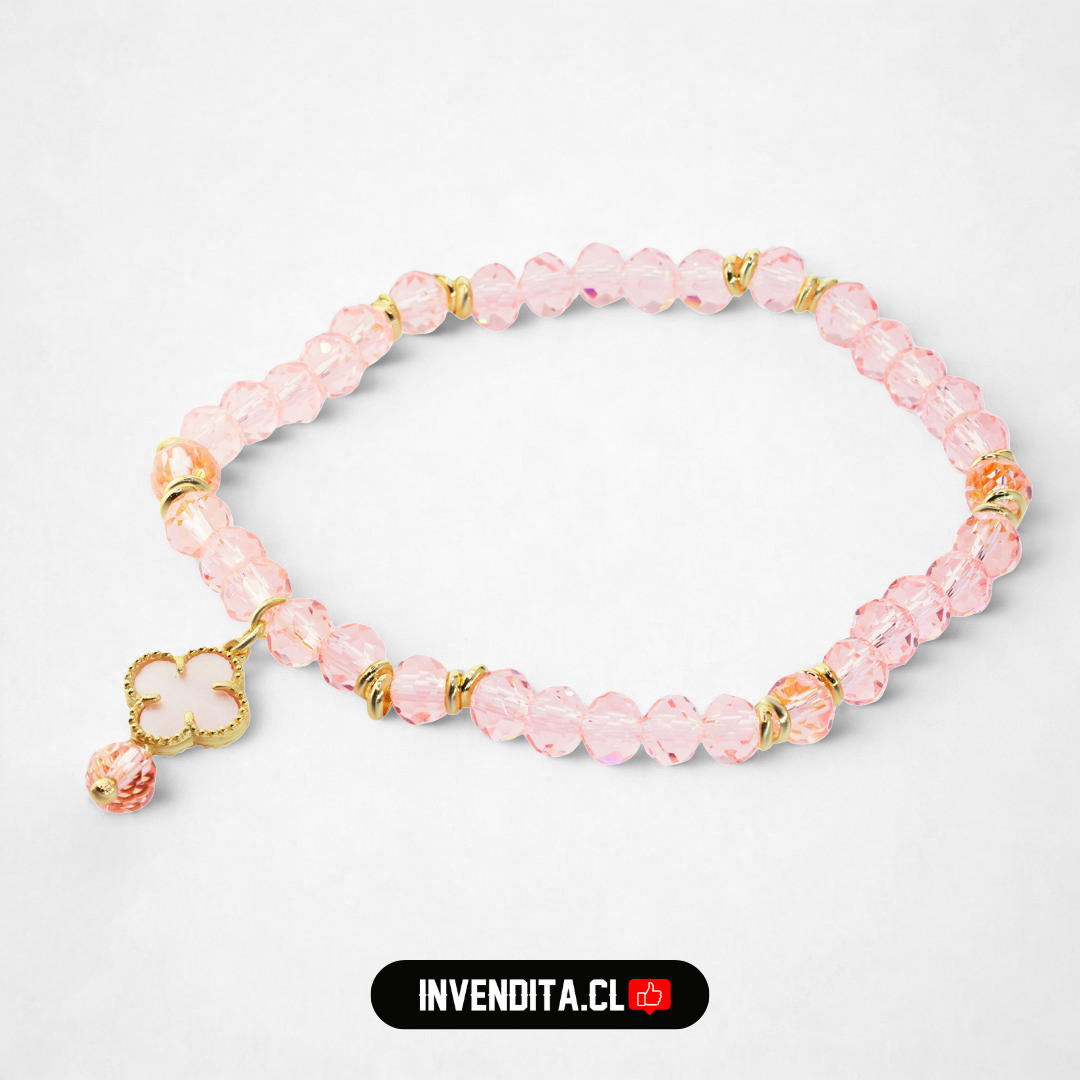 Pulsera enchapada en oro terminales dorados con cristales rosas y dije de flor