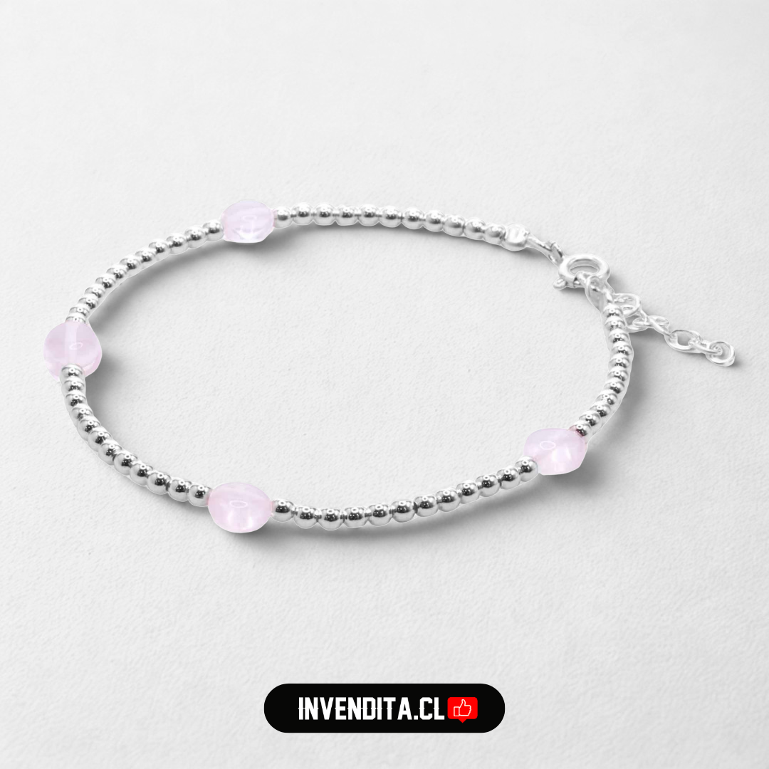 Pulsera de plata 925 esferas lisas con cuarzo rosa