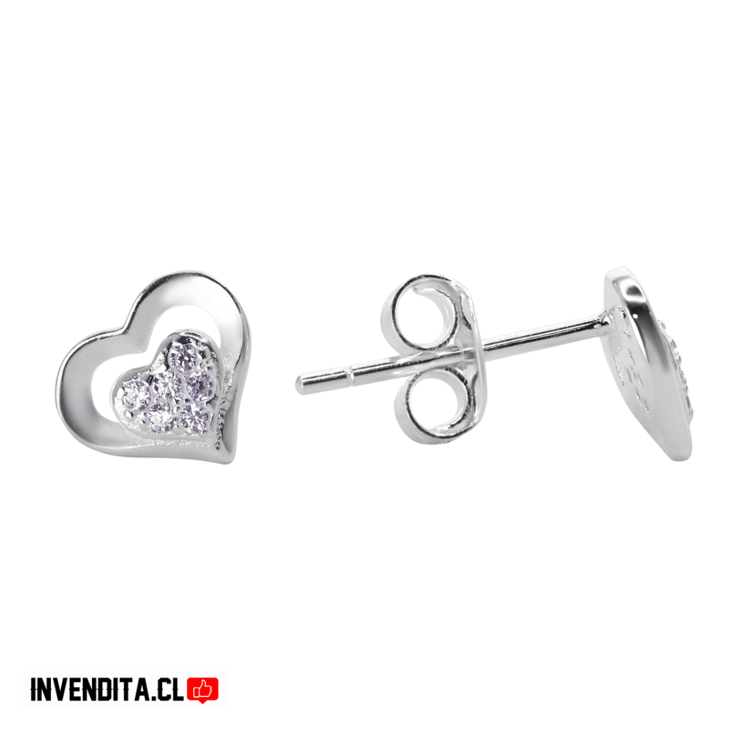 Aros de plata 925 corazón liso con mini corazón con circones