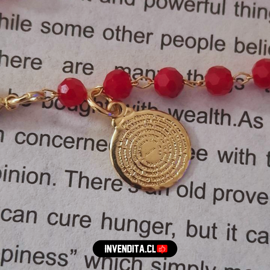 Pulsera enchapada en oro placa Padre Nuestro con cristales rojos
