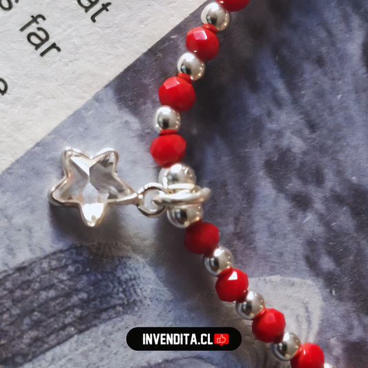 Pulsera macramé roja de plata 925 circón figura estrellada y cristales