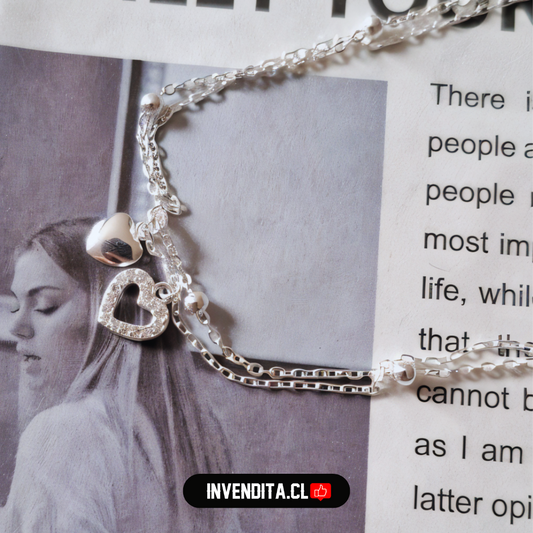 Tobillera de plata 925 doble cadena con colgantes corazón y circones