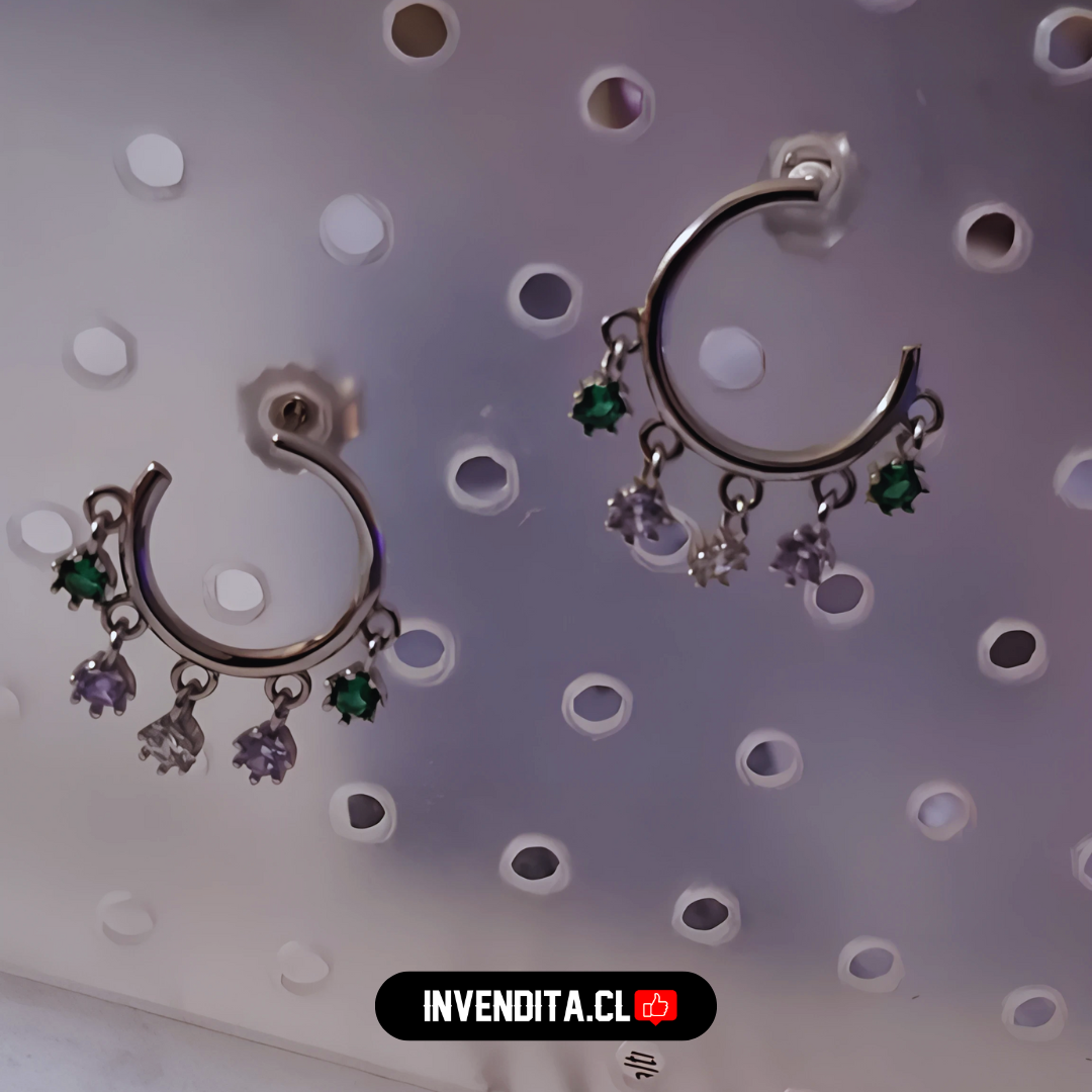 Aros de Plata 925 argolla con circones de colores colgantes