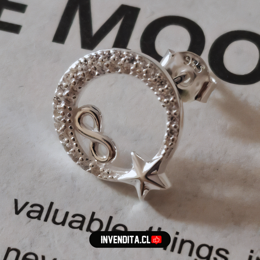 Aros de plata 925 diseño luna de estrella e infinito con circones