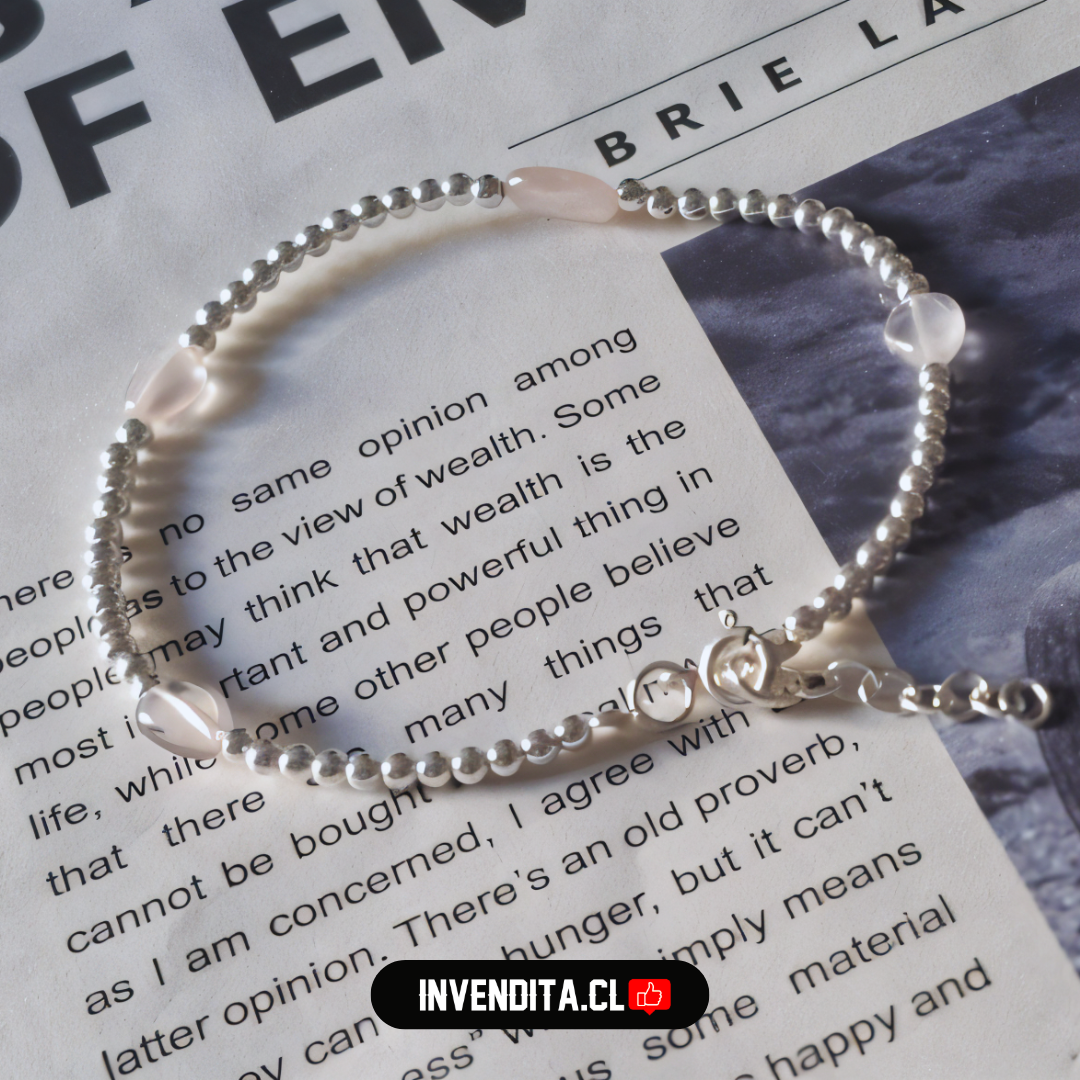 Pulsera de plata 925 esferas lisas con cuarzo rosa