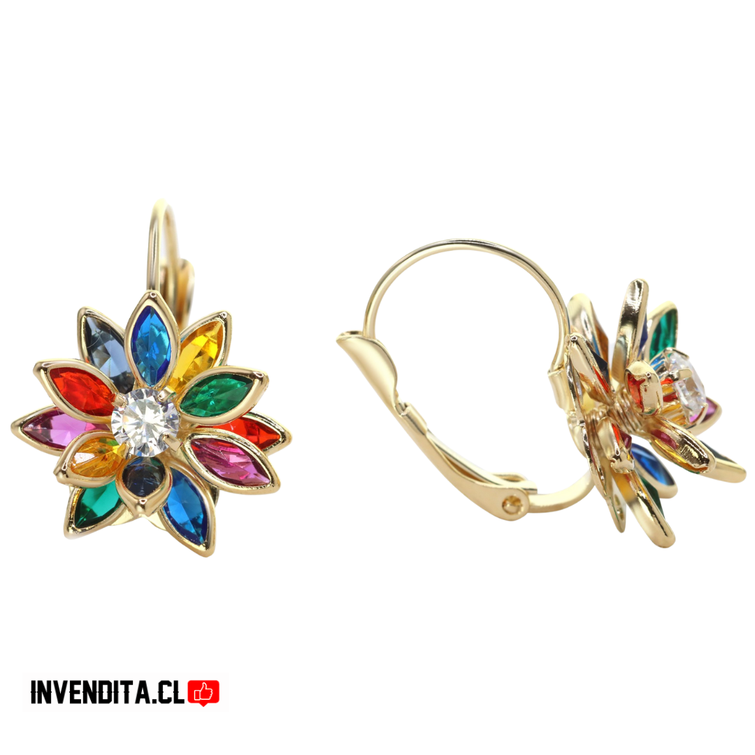Aros enchapados en oro modelo Loto circones de colores