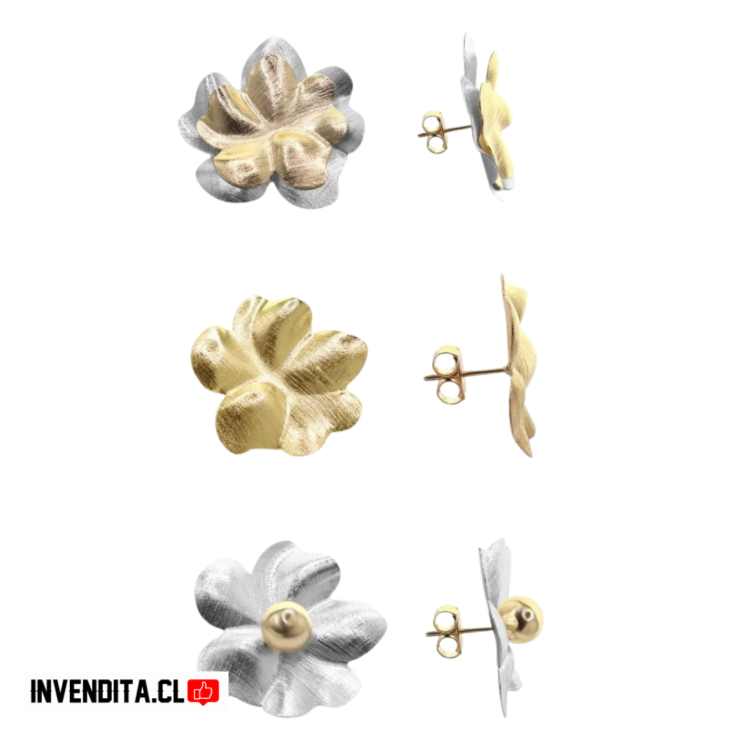 Aros enchapados en oro y plata modelo 3 diseños flor satinada