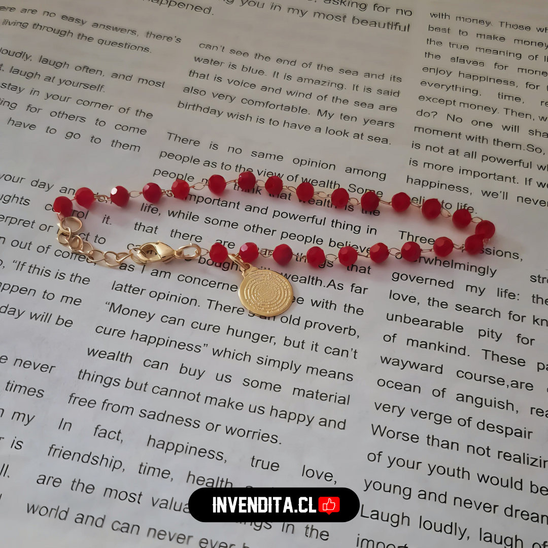 Pulsera enchapada en oro placa Padre Nuestro con cristales rojos