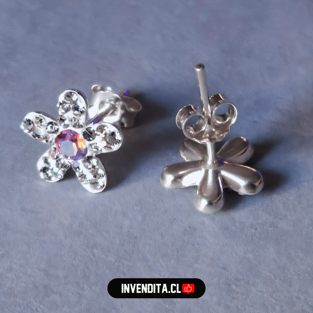 Aros de plata 925 diseño flor de strass con circón rosa