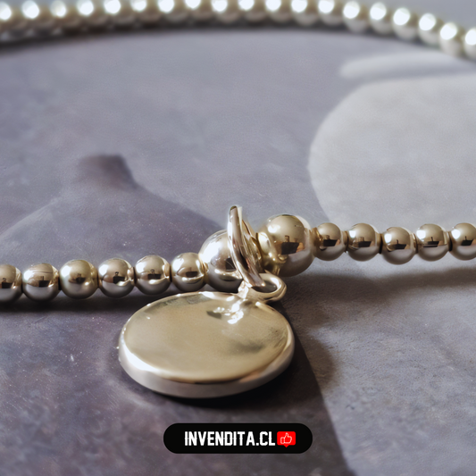 Pulsera de plata 925 diseño de esferas con placa circular
