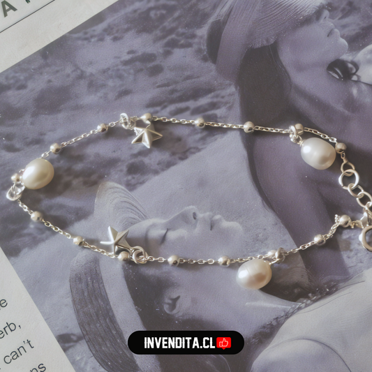 Pulsera de plata 925 diseño de estrellas con perlas de río