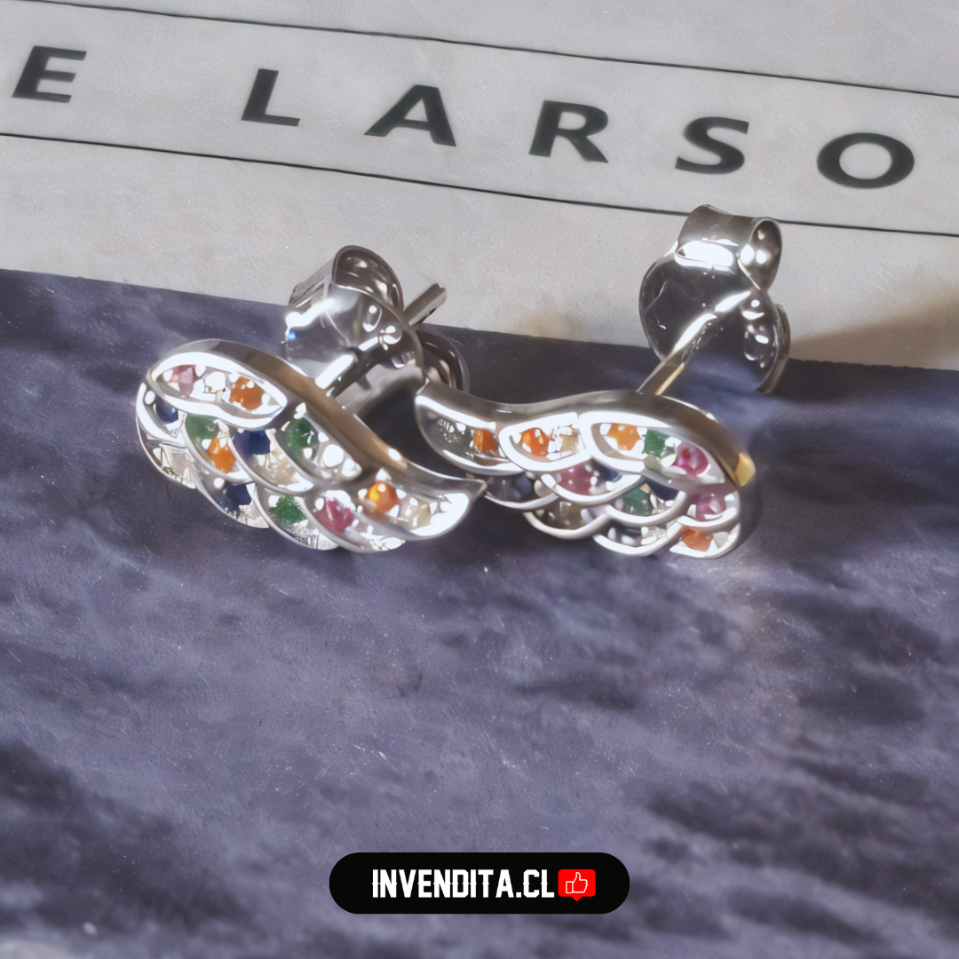 Aros de plata 925 pequeñas alas con circones de colores