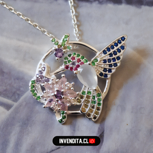 Collar de plata 925 colibrí con flores y circones de colores