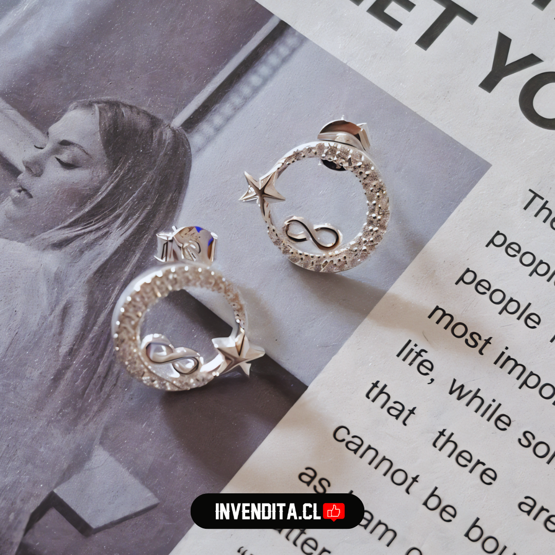 Aros de plata 925 diseño luna de estrella e infinito con circones