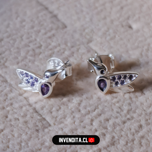Aros de plata 925 colibrí circones lavanda