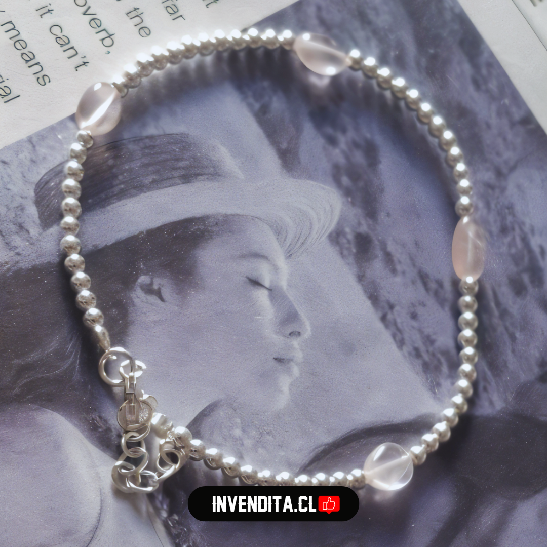 Pulsera de plata 925 esferas lisas con cuarzo rosa