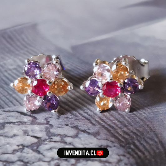 Aros de plata 925 modelo flores con circones de colores