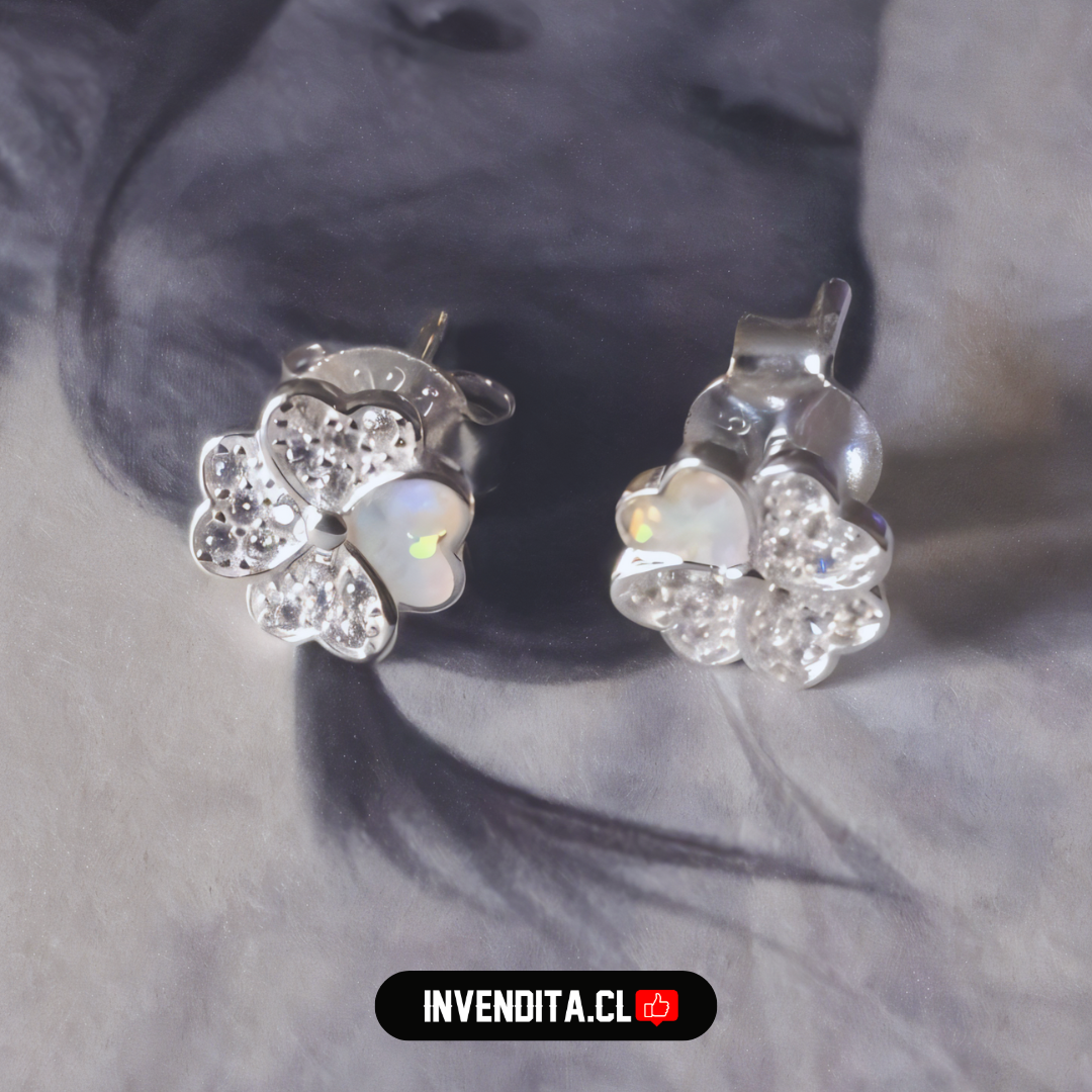 Aros de plata 925 diseño trébol con circones y ópalo australiano
