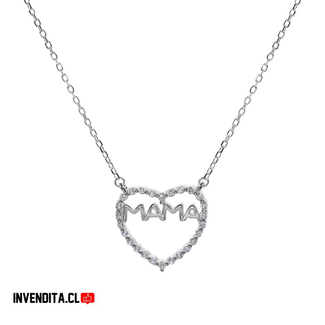 Collar de plata 925 figura corazón MAMÁ con circones