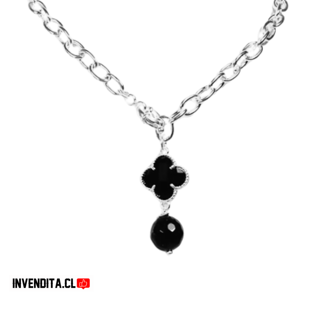Collar de plata 925 cadena con flor y esfera negra