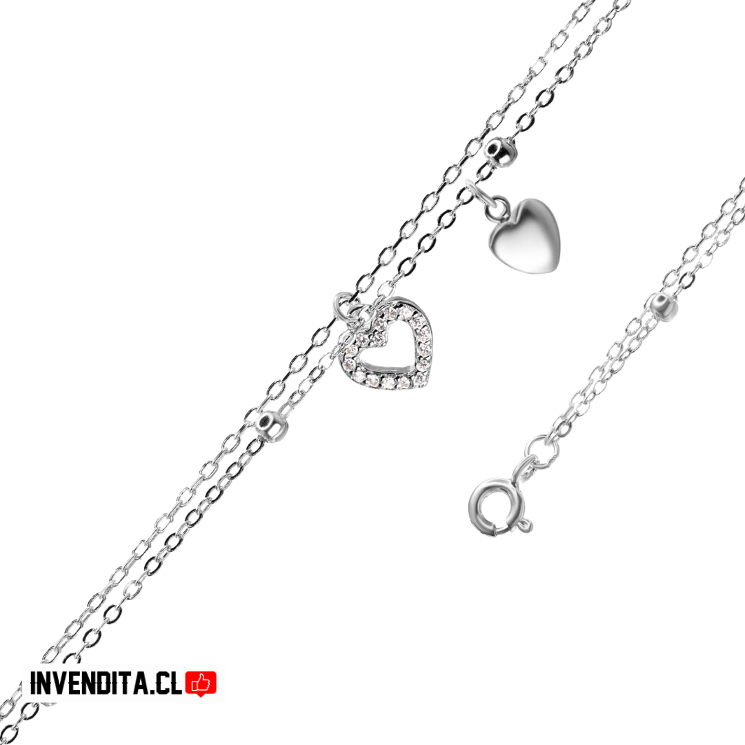 Tobillera de plata 925 doble cadena con colgantes corazón y circones