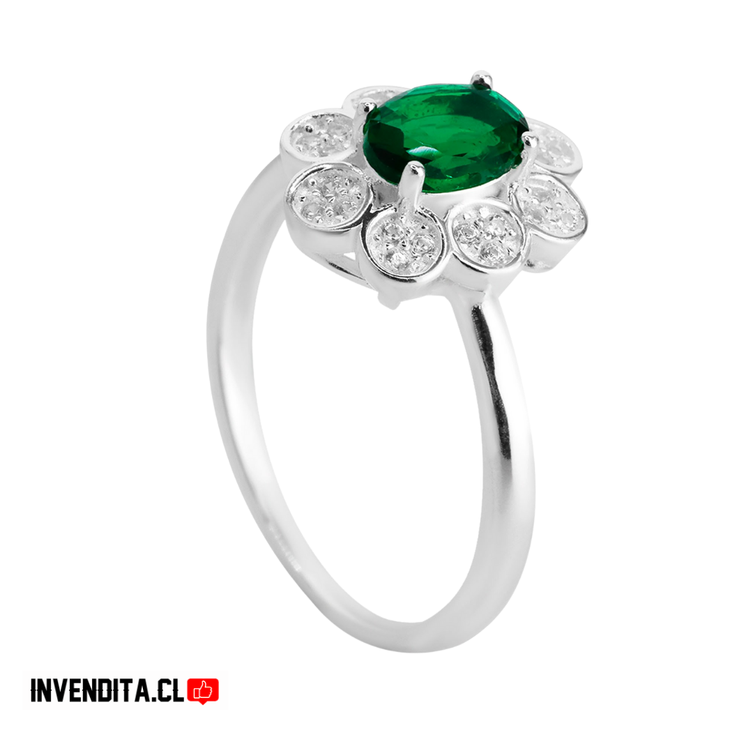 Anillo de plata 925 diseño flor esmeralda y circones