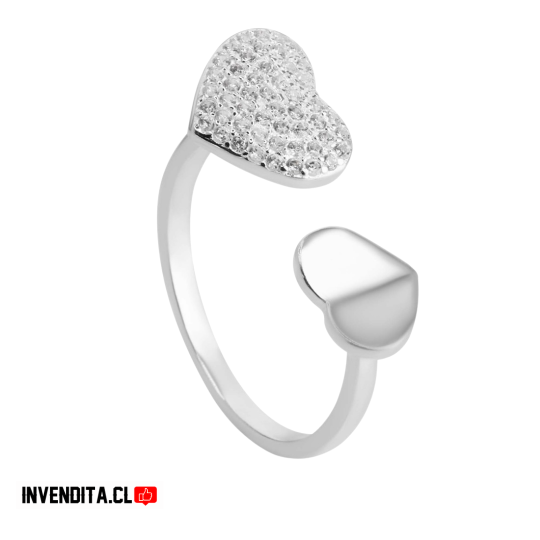 Anillo de plata 925 modelo abierto de puntas corazón de placa y microcircones