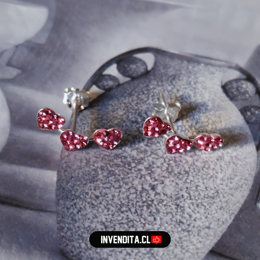 Aros de plata 925 trío corazón strass rosa