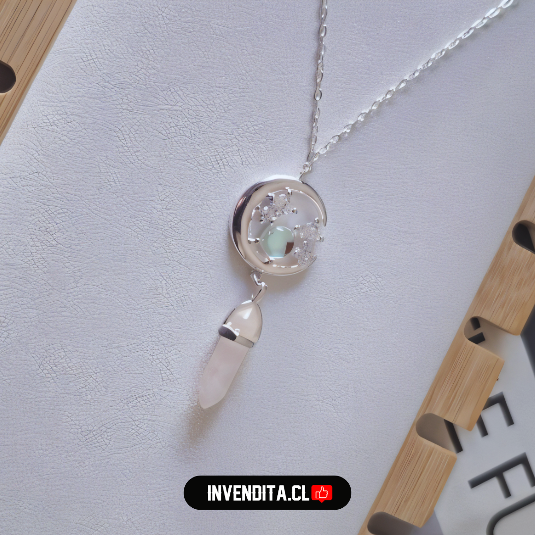 Collar de plata 925 diseño piedra luna con circones y cuarzo