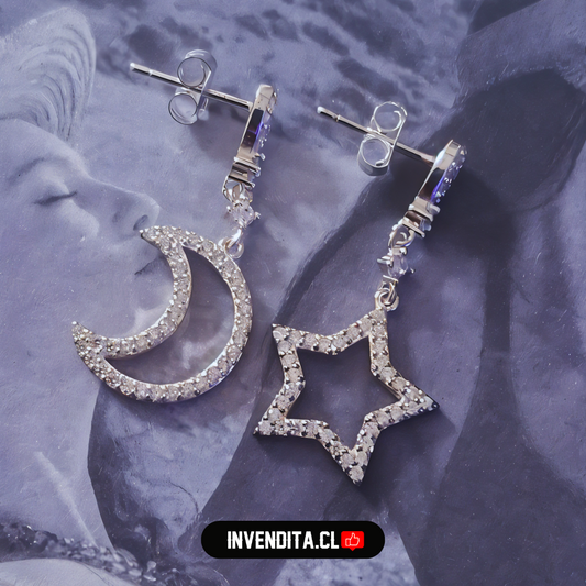 Aros de plata 925 diseño estrella y luna con circones