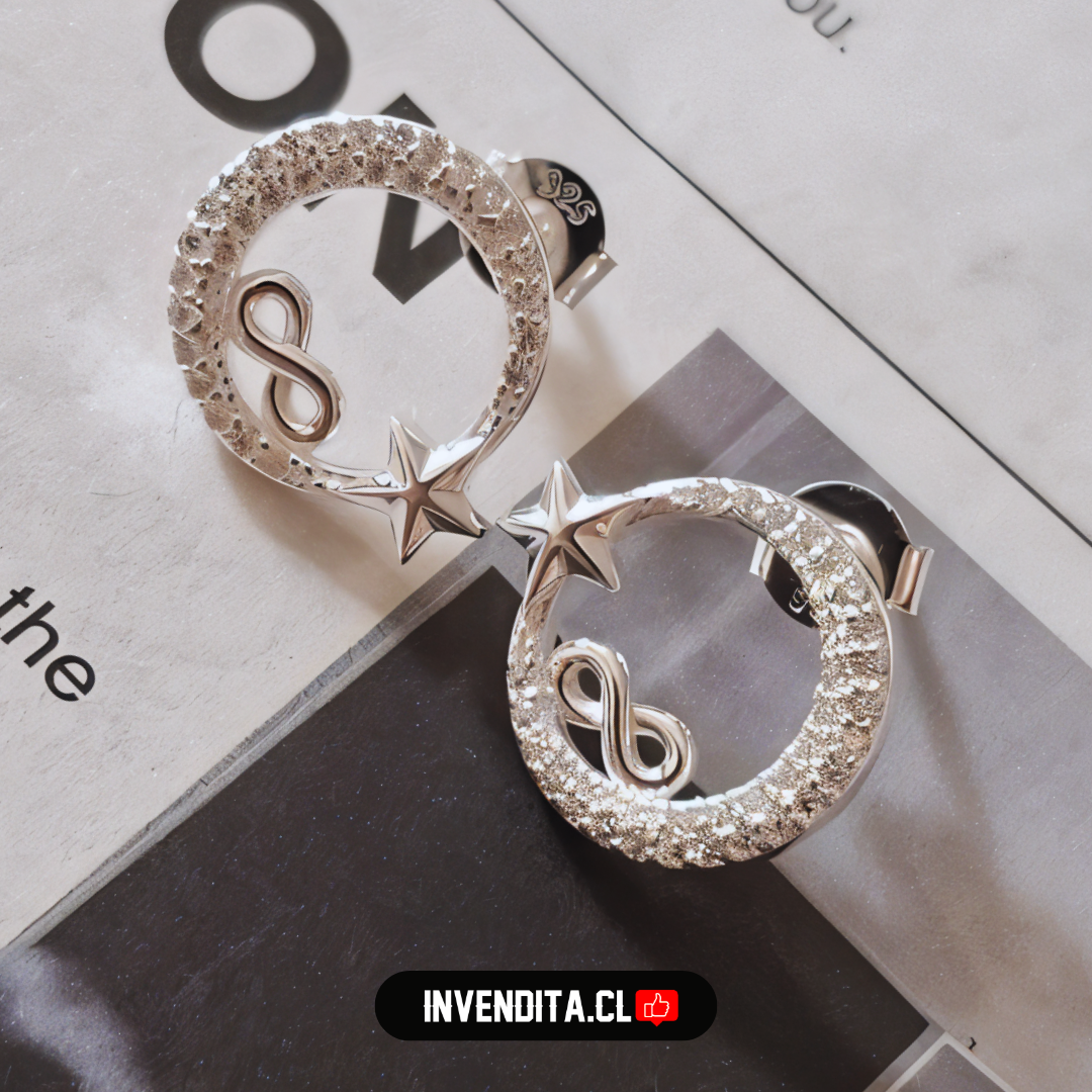 Aros de plata 925 diseño luna de estrella e infinito con circones