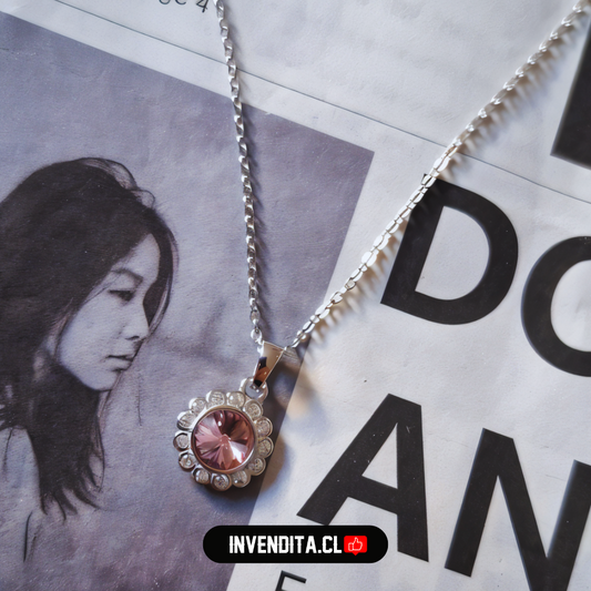 Collar de plata 925 diseño flor con cristal rosa Swarovski Elements