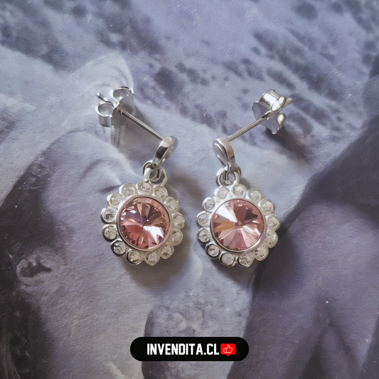 Aros de plata 925 diseño flor con cristal rosa Swarovski Elements