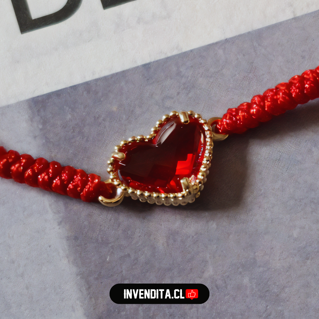 Pulsera de plata 925 modelo hilo con esferas y corazón de circón rojo