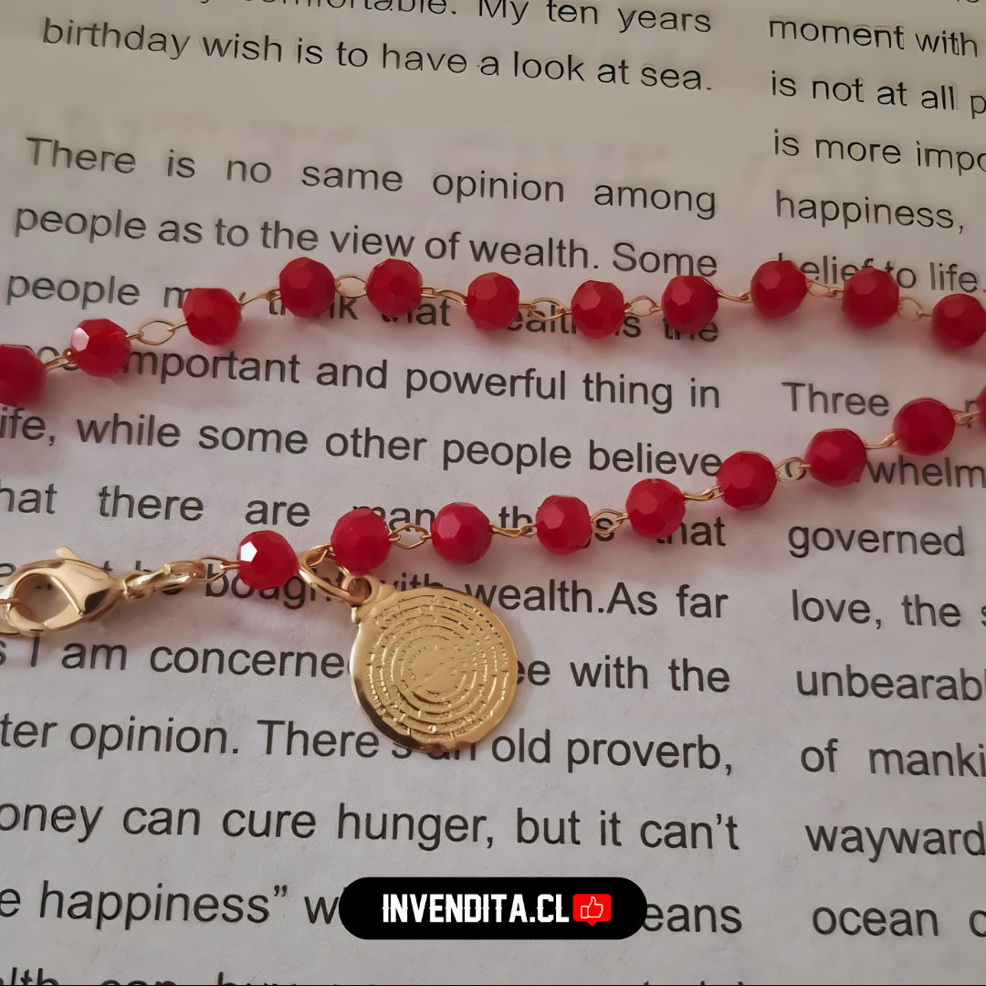 Pulsera enchapada en oro placa Padre Nuestro con cristales rojos