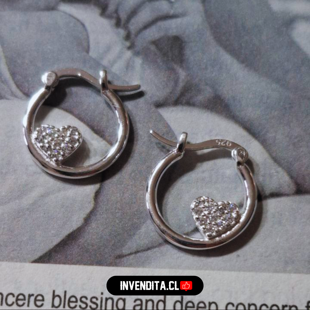 Aros de plata 925 argollas con corazón de circones